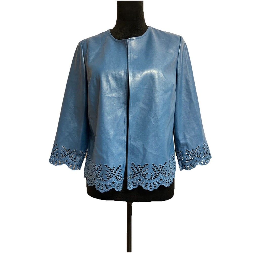Chico Size 0 Women Small Faux Leather Jacket Slate Blue Cutwork Hem Sleeves